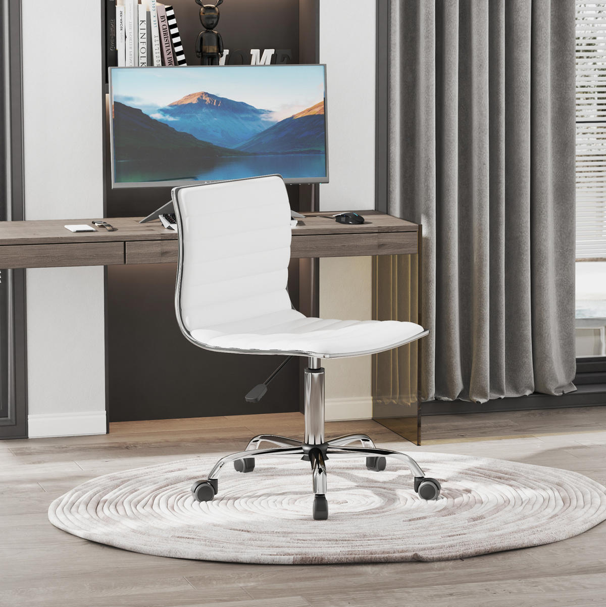 SALONSKA stolica 48/52/78-90 cm bijela od umjetne kože s podesivom visinom i kotačićima - bijela, plastika (52/90/48cm) - OKWISH