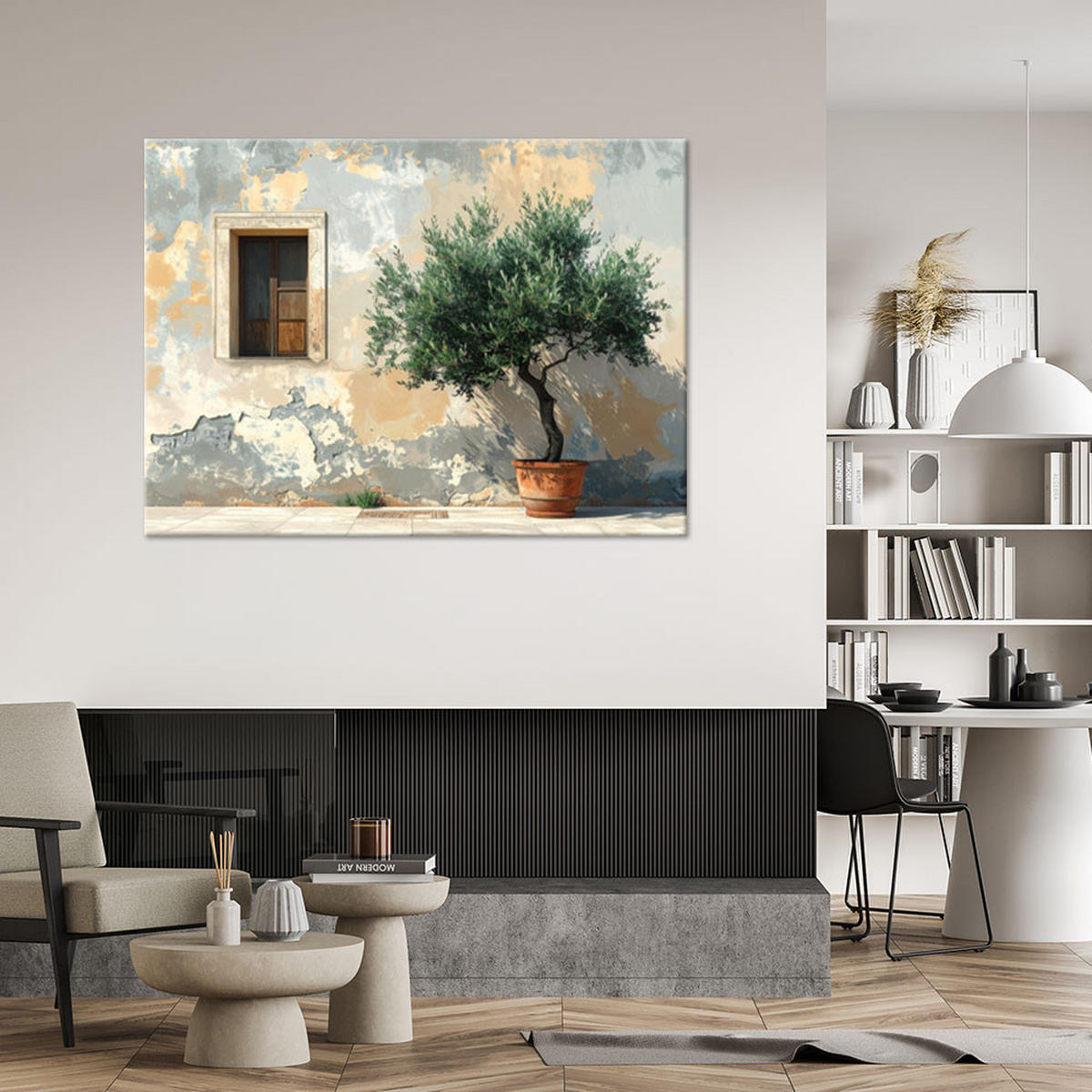 WANDBILD, Ein Olivenbaum neben einem hellen Haus - Grau, Textil (100/70cm) - Feeby