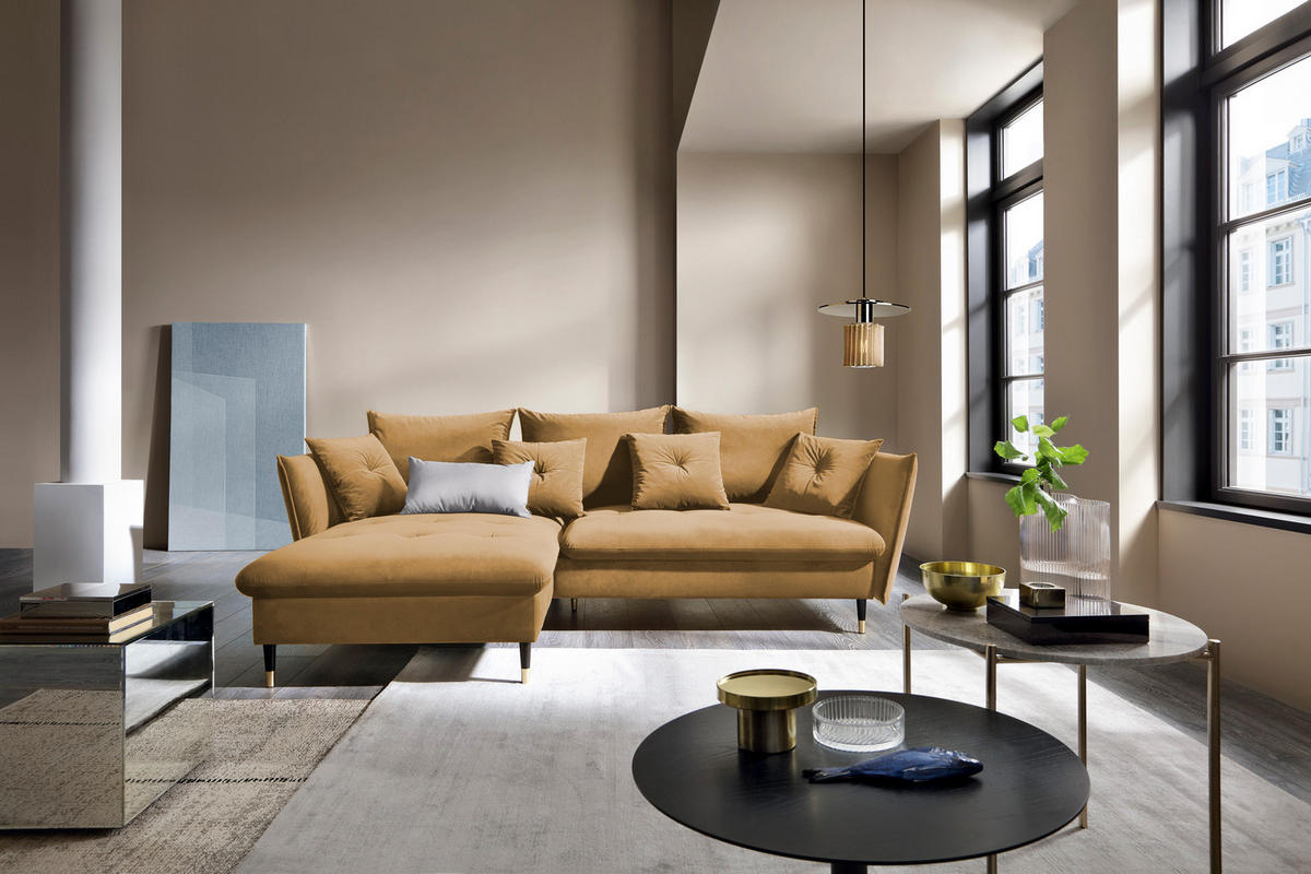 ECKSOFA GLAM mit Schlaffunktion, Ottomane & goldenen Füßen – Samtsofa im Glamour-Stil mit Zierkissen, 258x167x91cm, Linke, PLATINUM - Platinfarben, Holz/Textil (167/258cm) - DomoHome