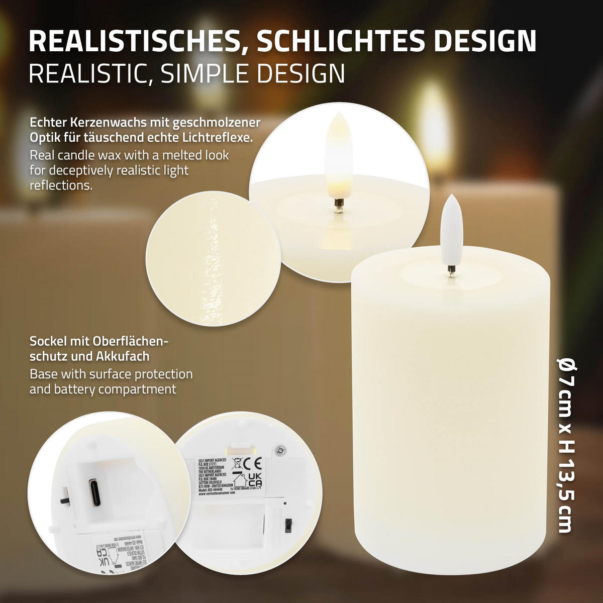 SADA 4 dobíjecích LED svíček z pravého vosku s dálkovým ovládáním, časovačem a stmíváním - krémová, plast (7/13.5/7cm) - ECD-Germany