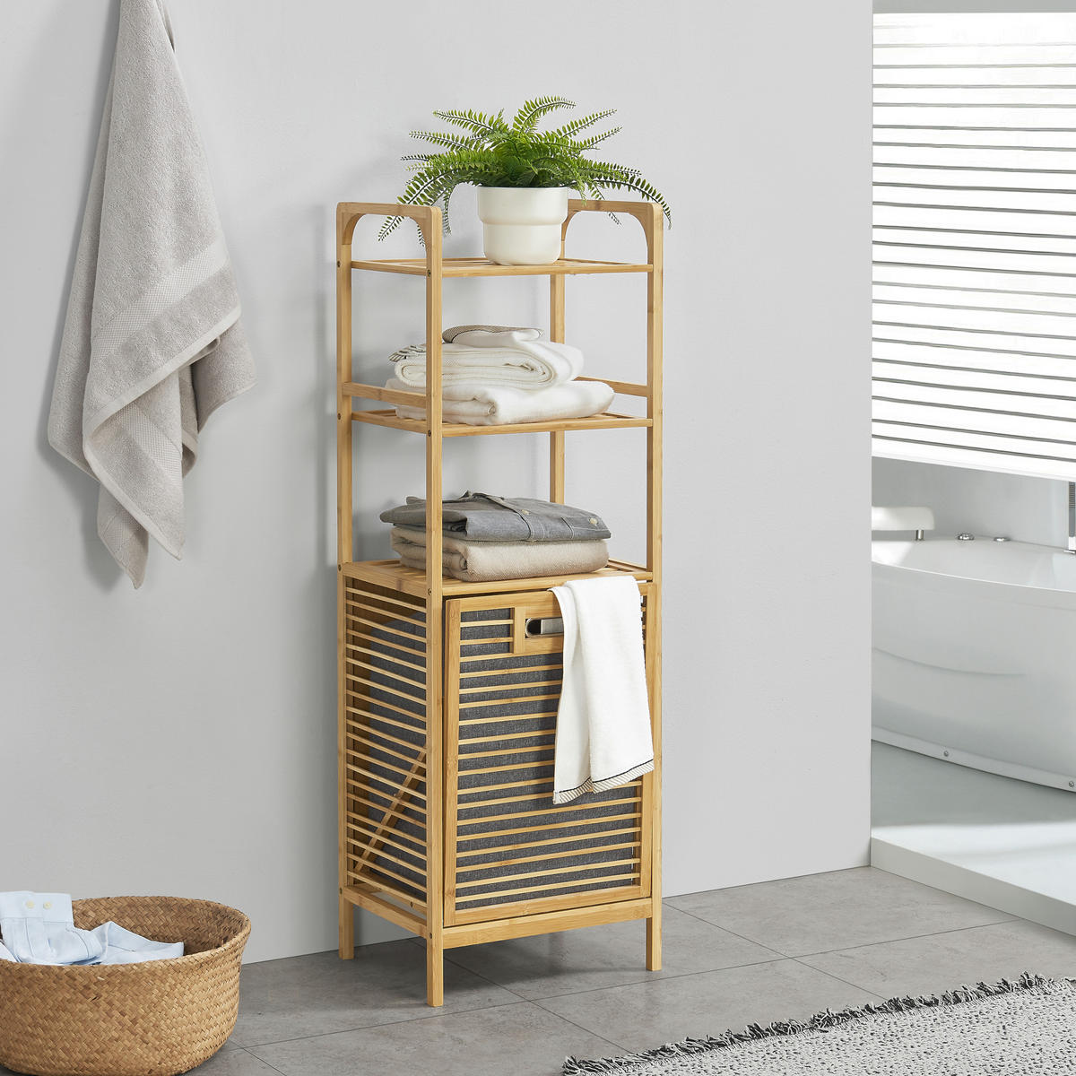 WÄSCHEREGAL Tidaholm - Naturfarben/Grau, Holz/Textil (39.5/118/30.5cm) - [en.casa]
