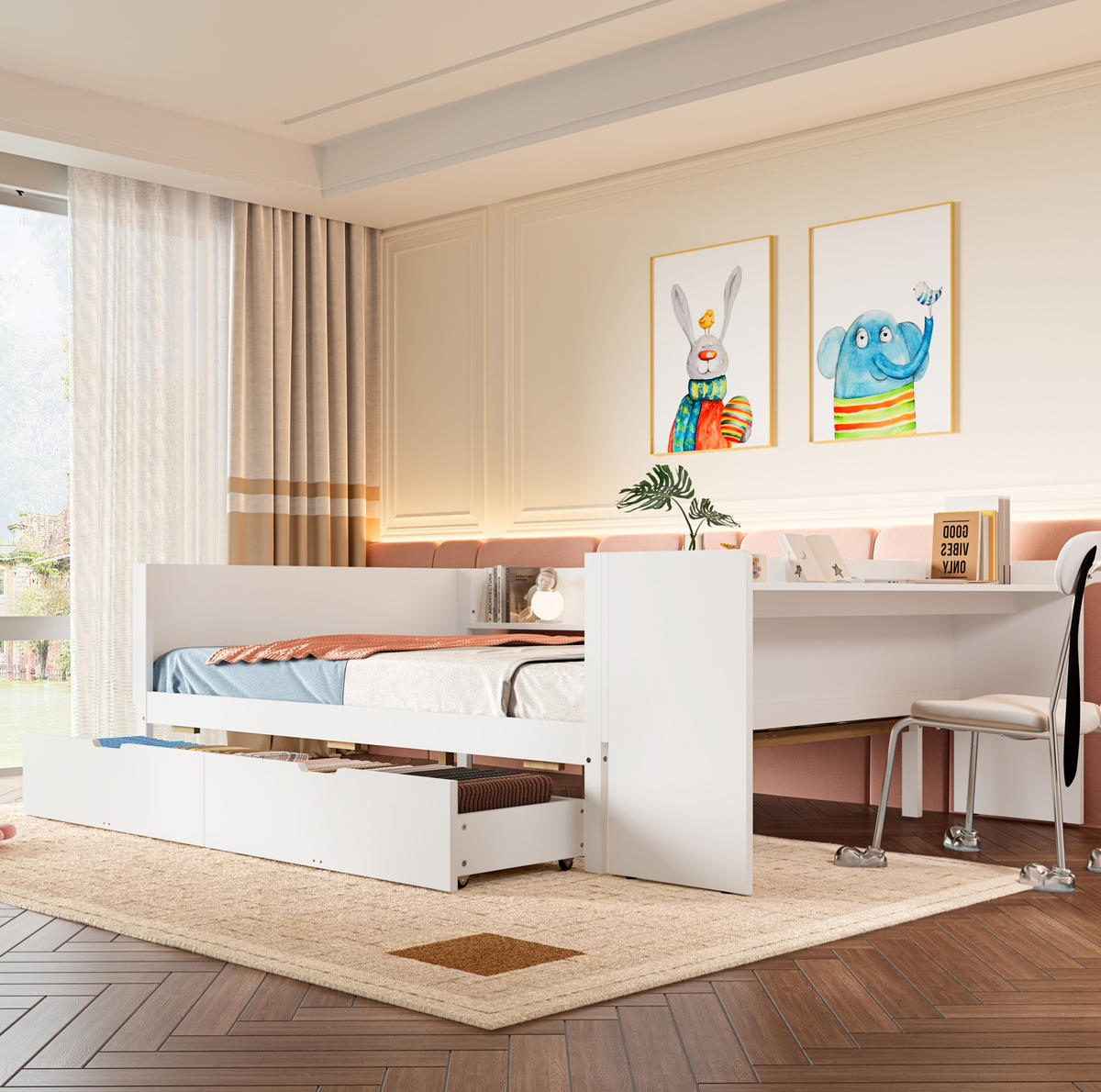 BETT 140/200 cm mit Schreibtisch, 2 Schubladen und 3 Regalen aus Kiefern und Spanplatte, Weiß/Rosa - Weiß, Holzwerkstoff (140/200cm) - Redom