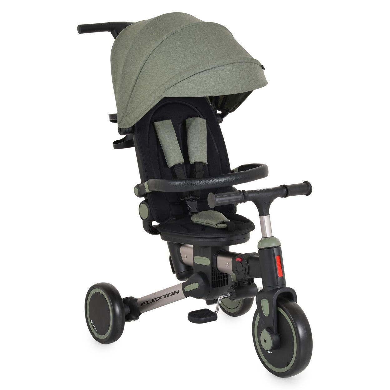 DREIRAD Flexton 5 in 1 grün Laufradfunktion, EVA-Reifen, Rückenlehne, Becherhalter, faltbar - Grün, Metall (93/50/96cm)