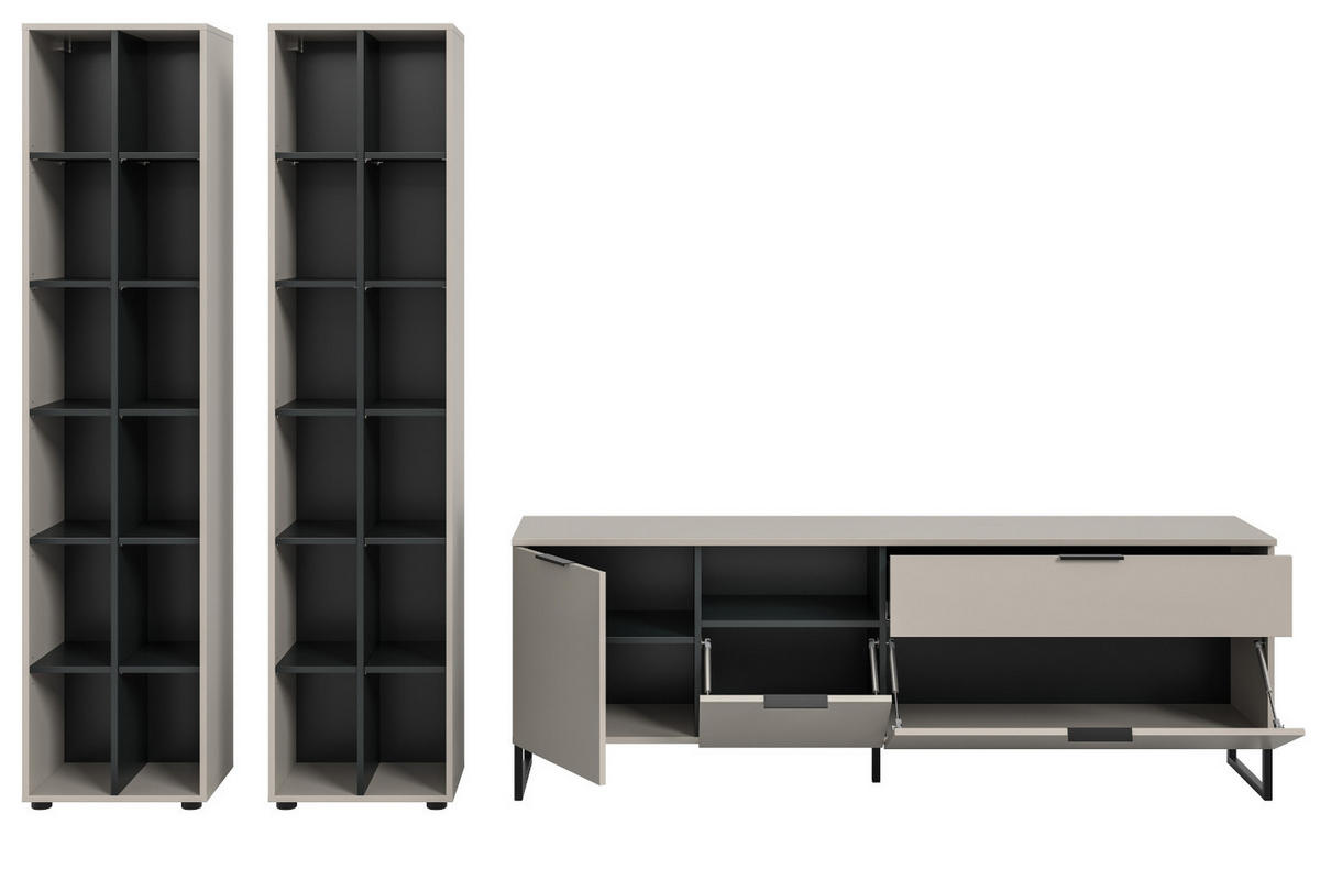 WOHNWAND kaschmir, schwarz 305 cm, Wohnzimmerschränke mit Soft-Close - Kaschmir/Schwarz, Holzwerkstoff/Kunststoff (305/192/41cm) - Inn.Furn