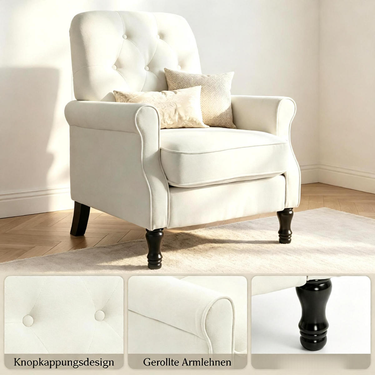 SESSEL Federkissen und Leinenbezug, DE-42175, Creme/Schwarz - Creme, Holzwerkstoff (75/90/69cm) - ComfortXL