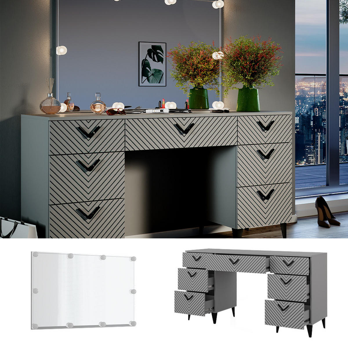 SCHMINKTISCH Anett Grau 150 cm mit LED Beleuchtung - Grau, Holzwerkstoff (150/78.1/45cm) - Vicco