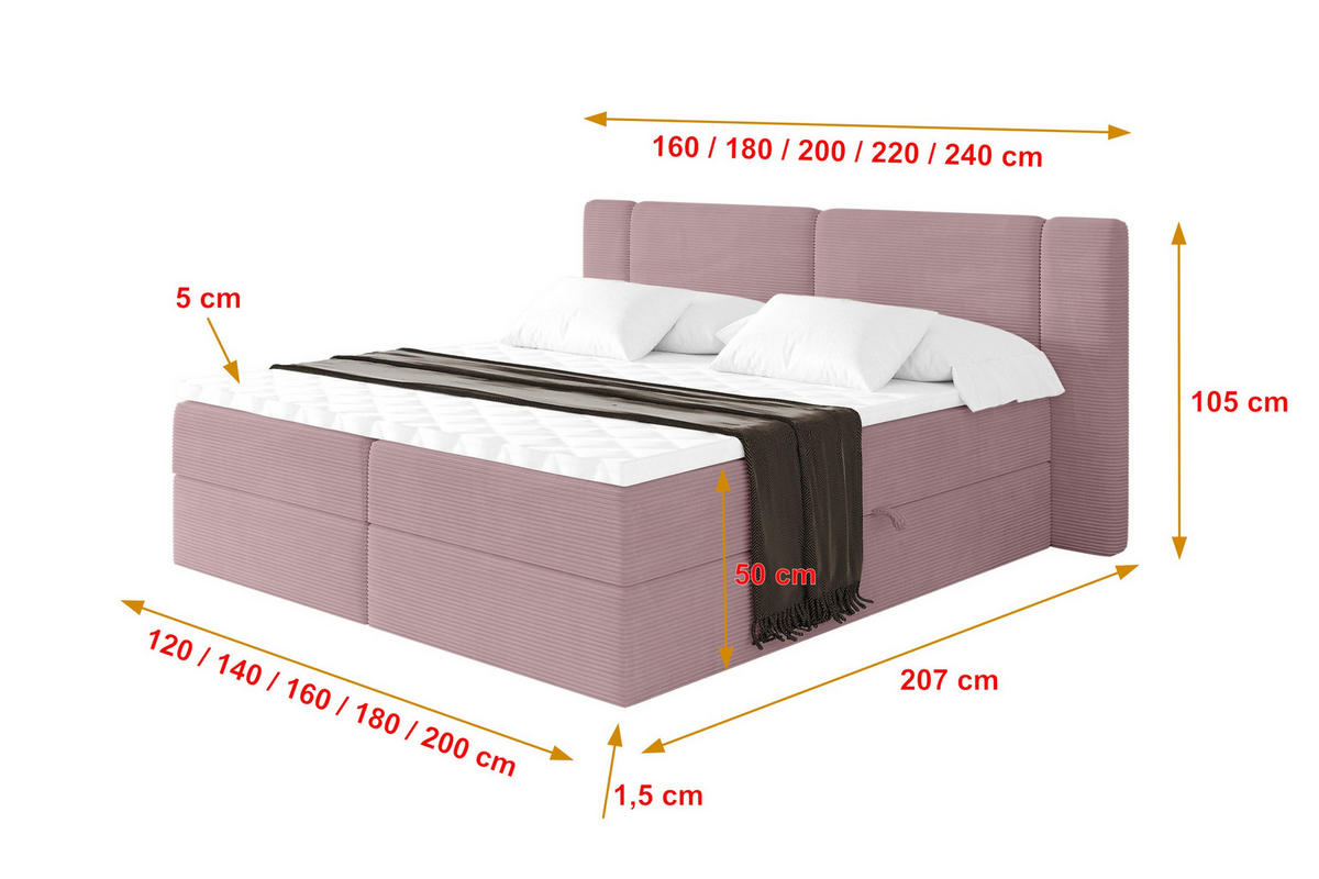 BOXBETT mit Matratze H3 - EVON - 140x200 cm Rosa - Rosa, Holzwerkstoff (140/200cm) - ALTDECOR