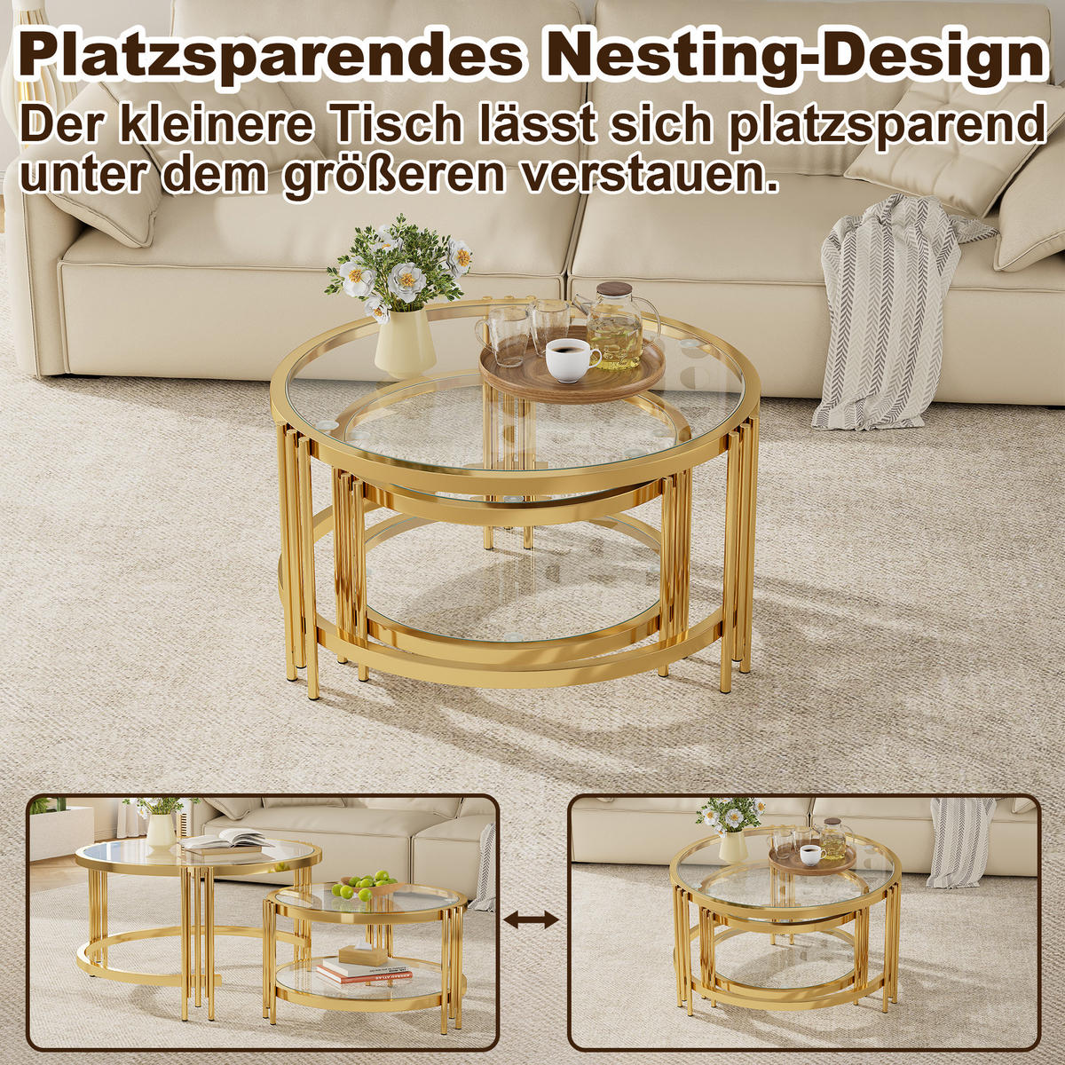 COUCHTISCH Glas/Metall – 80x80x45 cm & 60x60x35 cm, platzsparend, hitzebeständig - Goldfarben, Metall (80/80/45cm) - Modfu