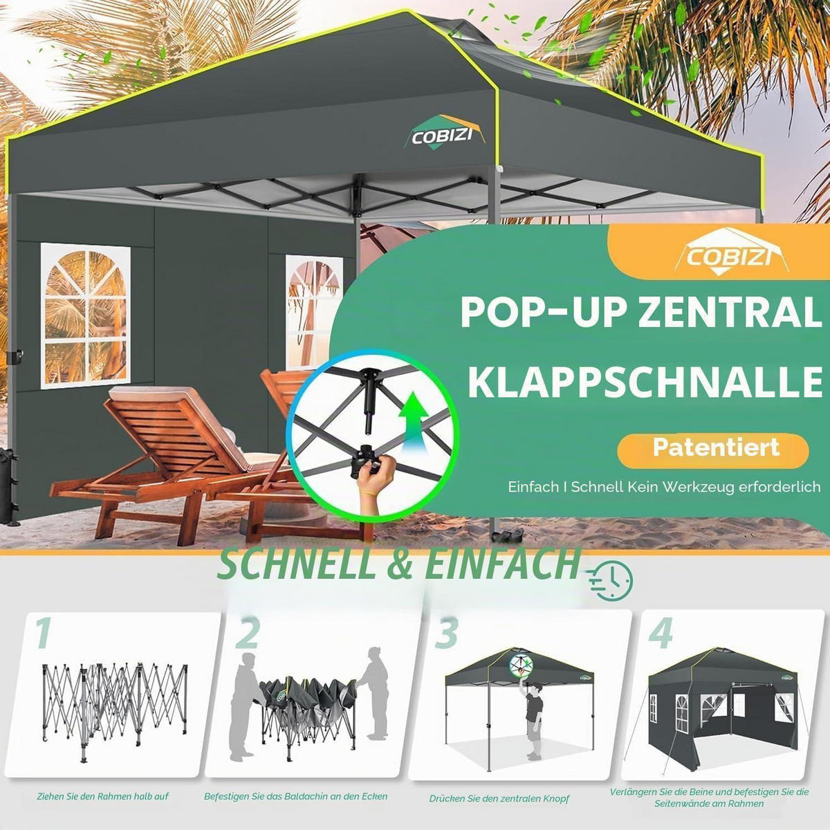 GARTENPAVILLON 3 x 3 m Grau Wasserdicht mit 4 Seitenwänden - Grau, Textil (300/192/300cm)