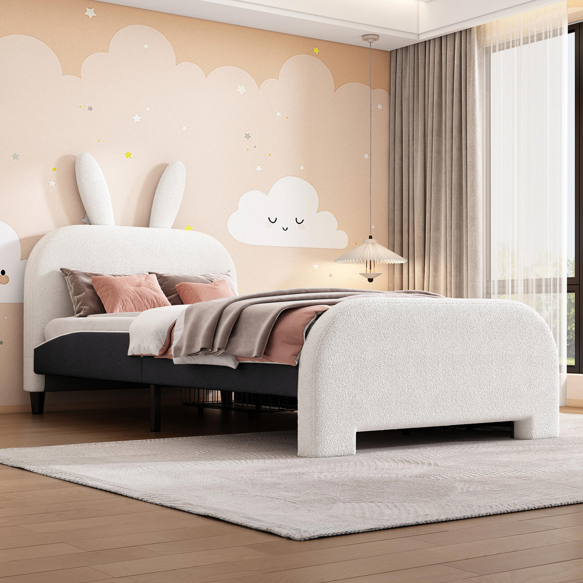 BETT 90/200 cm Weiß mit 2 Schubladen und Kaninchen-Kopfteil - Weiß, Textil (90/200cm) - Flora Grace