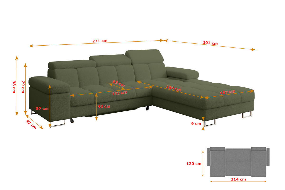 ECKSOFA mit Schlaffunktion Ottomane Rechts COMA L 271x203x79 Grün Bouclé - Smaragdgrün, Holzwerkstoff/Textil (203/271cm) - ALTDECOR