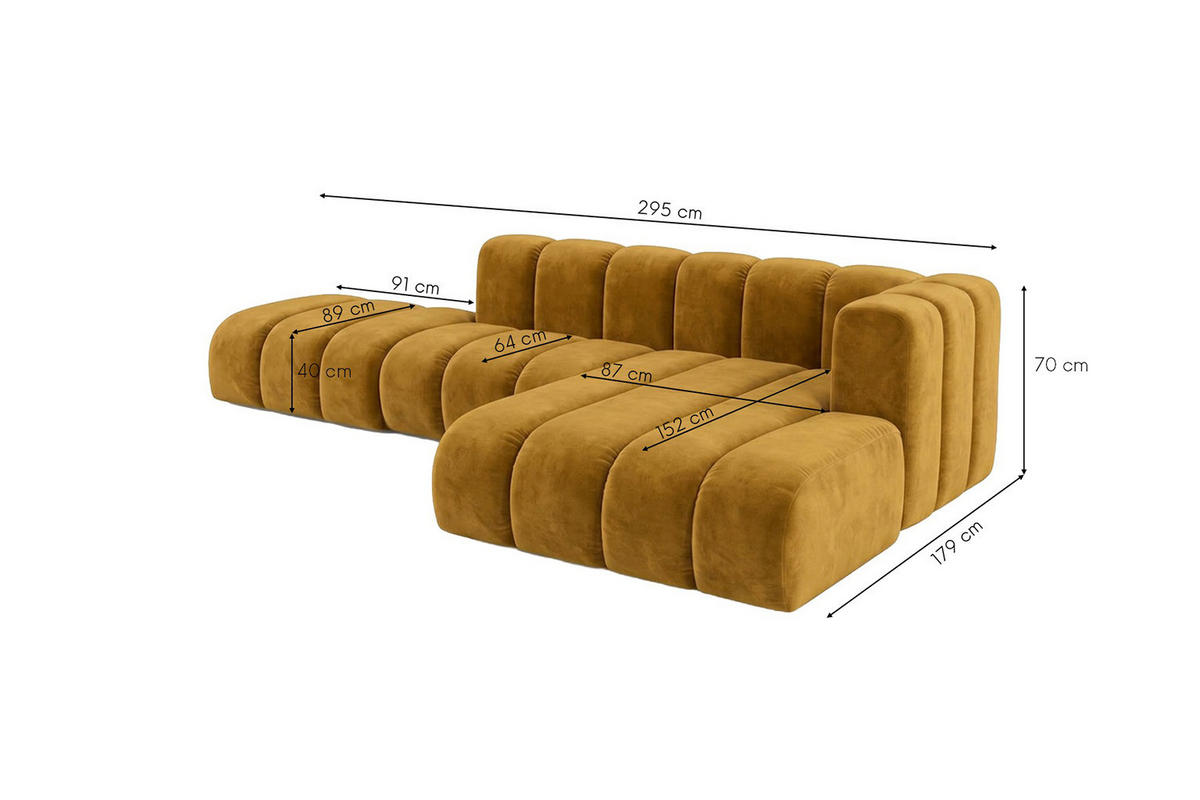 ECKSOFA Modulares In L-Form Mit Hocker, Velvet-Stoff Riviera, Senffarbe, Rechts, GRAND Mini - Gelb, Holz (295/179cm) - Kaiser Möbel