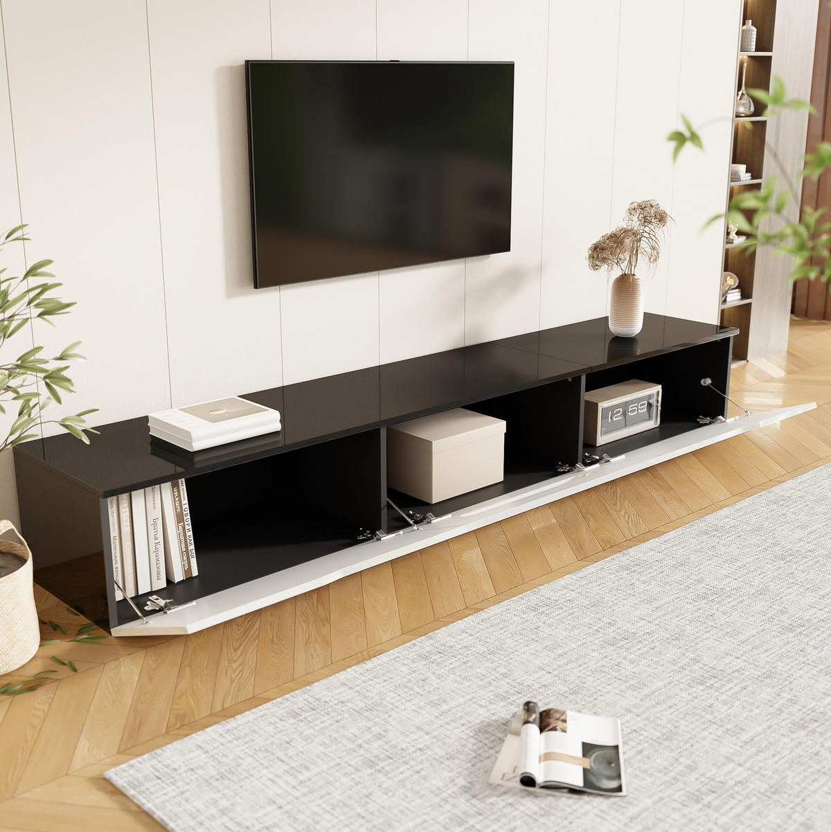 TV-SCHRANK aus MDF und Spanplatte 180x35x30 cm Schwarz/Weiß mit LED-Beleuchtung, Dämpfungsscharnieren und Wandmontage - Schwarz, Holzwerkstoff (180/30/35cm) - Modfu