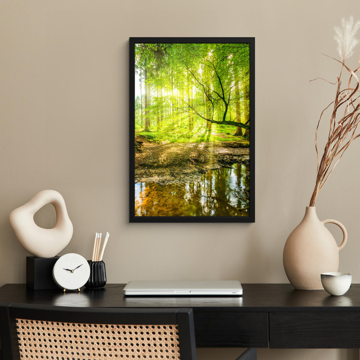 GERAHMTES BILD Wald - Landschaft - Wasser - Bäume - Sonne - Grün - Natur 40x60 cm - Grün, Papier (40/60cm) - MuchoWow