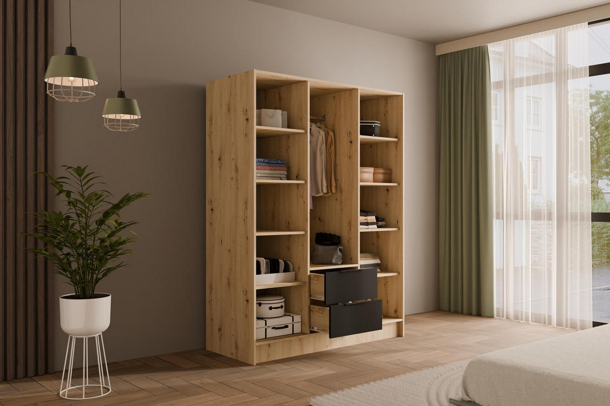 KLEIDERSCHRANK NELIA - 150 cm - Schwarz/Eiche Artisan, Holzwerkstoff (150/200/51cm) - ALTDECOR