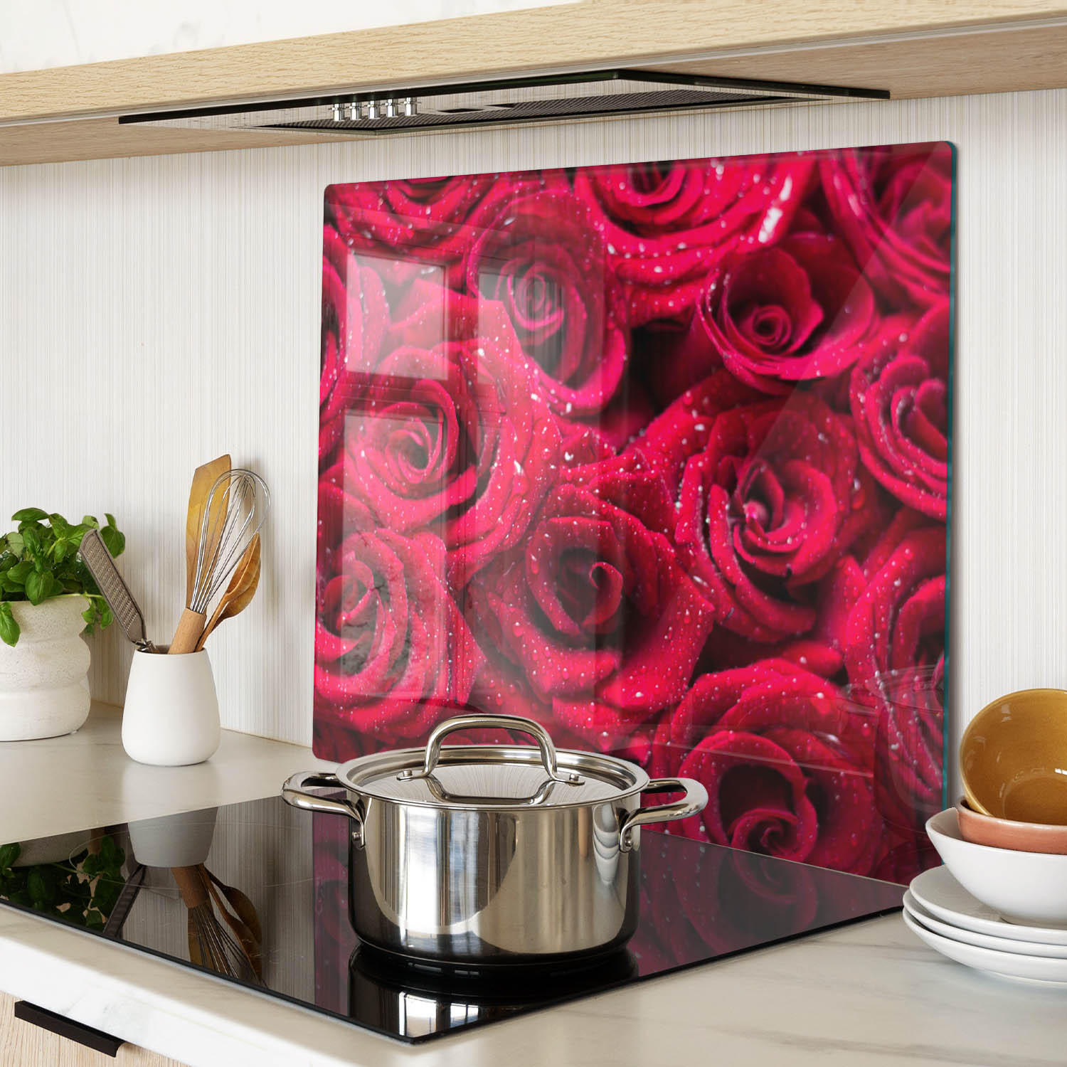 GLASPLATTE 60x52 cm Tropfen auf Rosen - Rot, Glas (60/0.4/52cm) - TULUP