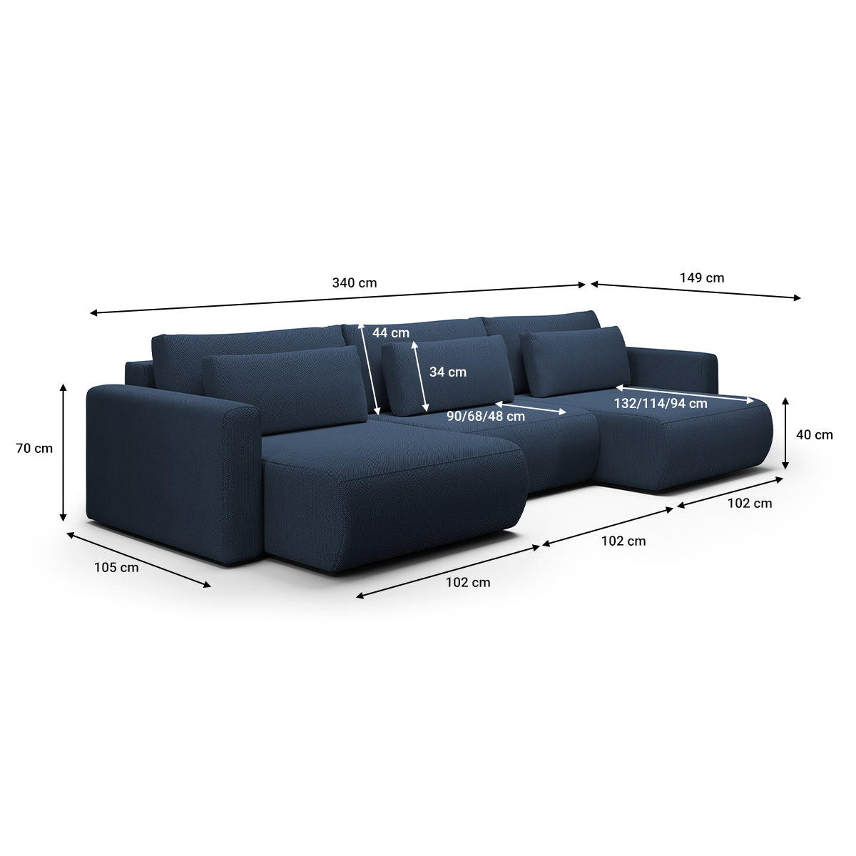 PANORAMASOFA Evy 4 Sitzplätze Blau - Blau, Holz (340/82/149cm) - Petits-meubles