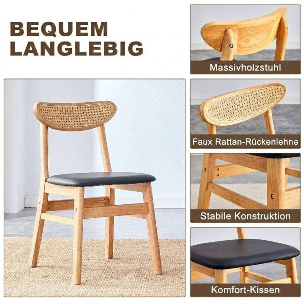 STUHL-SET DE-36740 2 Stück mit Rattan-Rückenlehne Natur - Naturfarben, Holzwerkstoff (43.9/78.7/45cm) - ComfortXL
