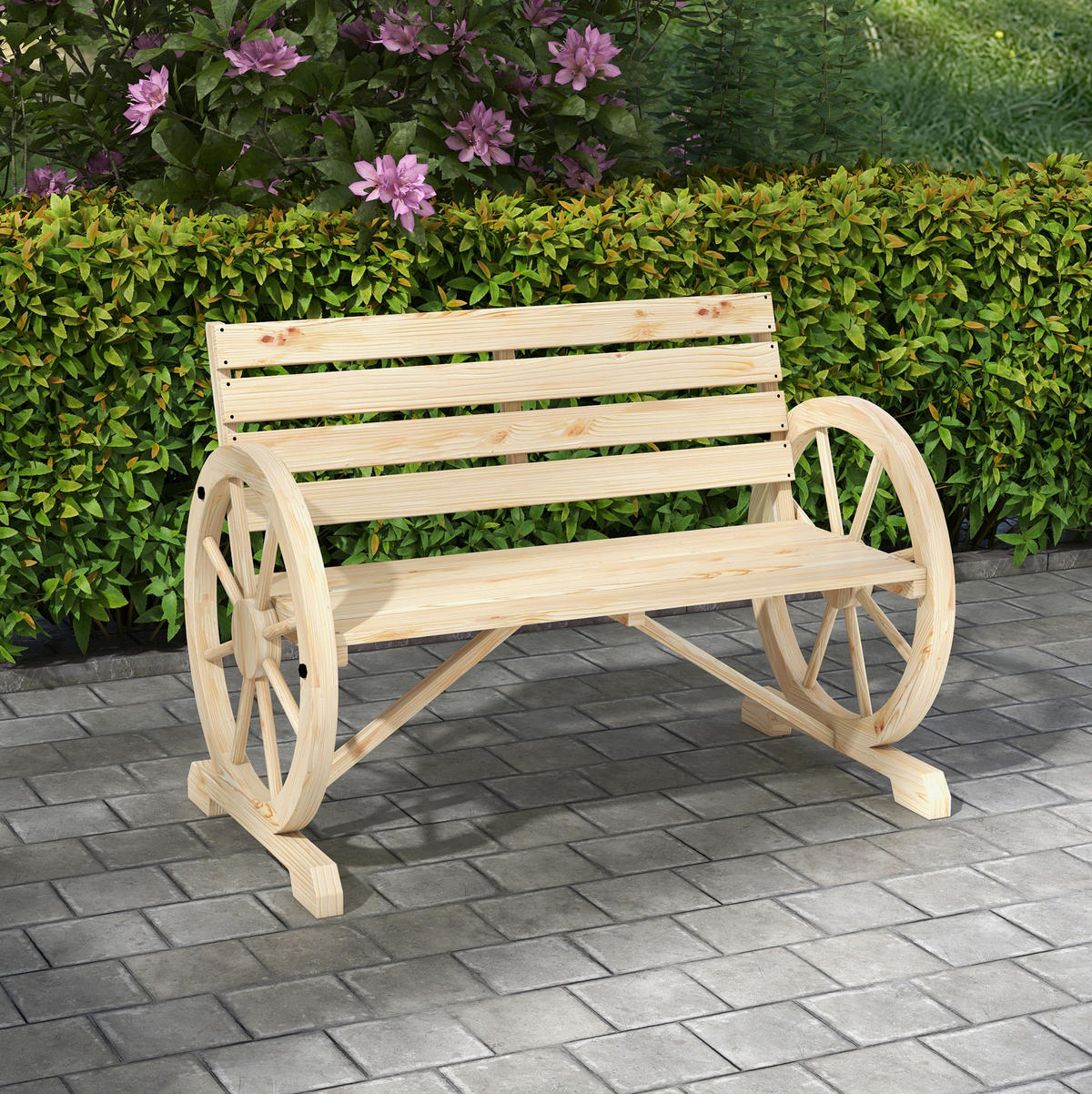ZAHRADNÍ lavice z jedlového dřeva 105x56x79 cm přírodní s opěrkami a kolečkovým dekorem, nosnost 240 kg - přírodní, kompozitní dřevo (105.5/79/56cm) - Modfu
