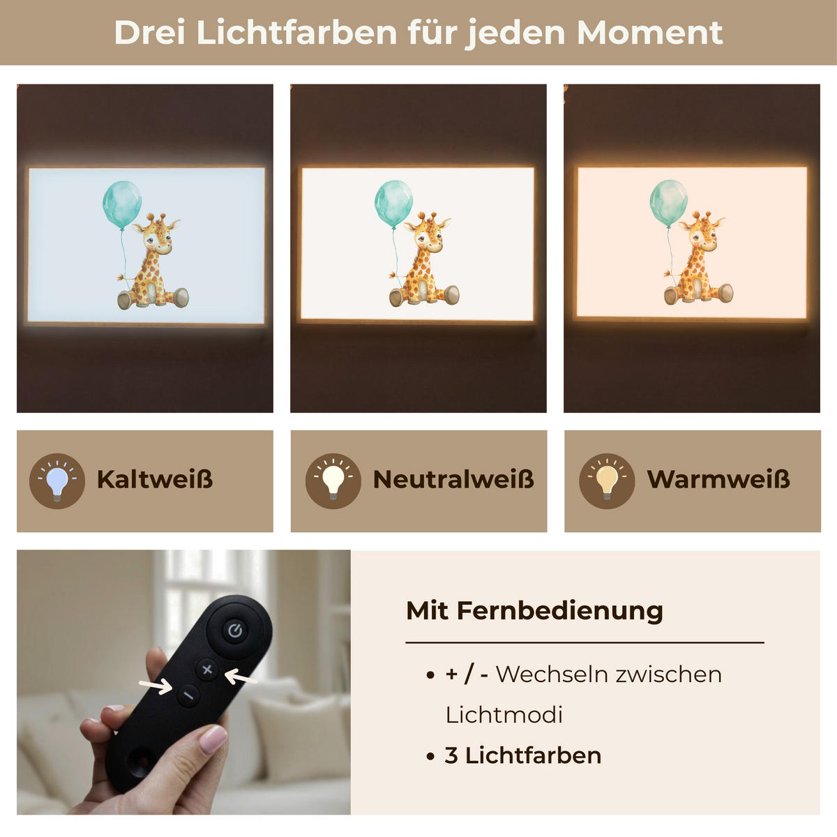 NACHTTISCHLAMPE MIT AKKU Giraffe - Baby - Tiere - Blauer Ballon 100x70 cm - Weiß, Holzwerkstoff (8/100/70cm) - OnlyWow