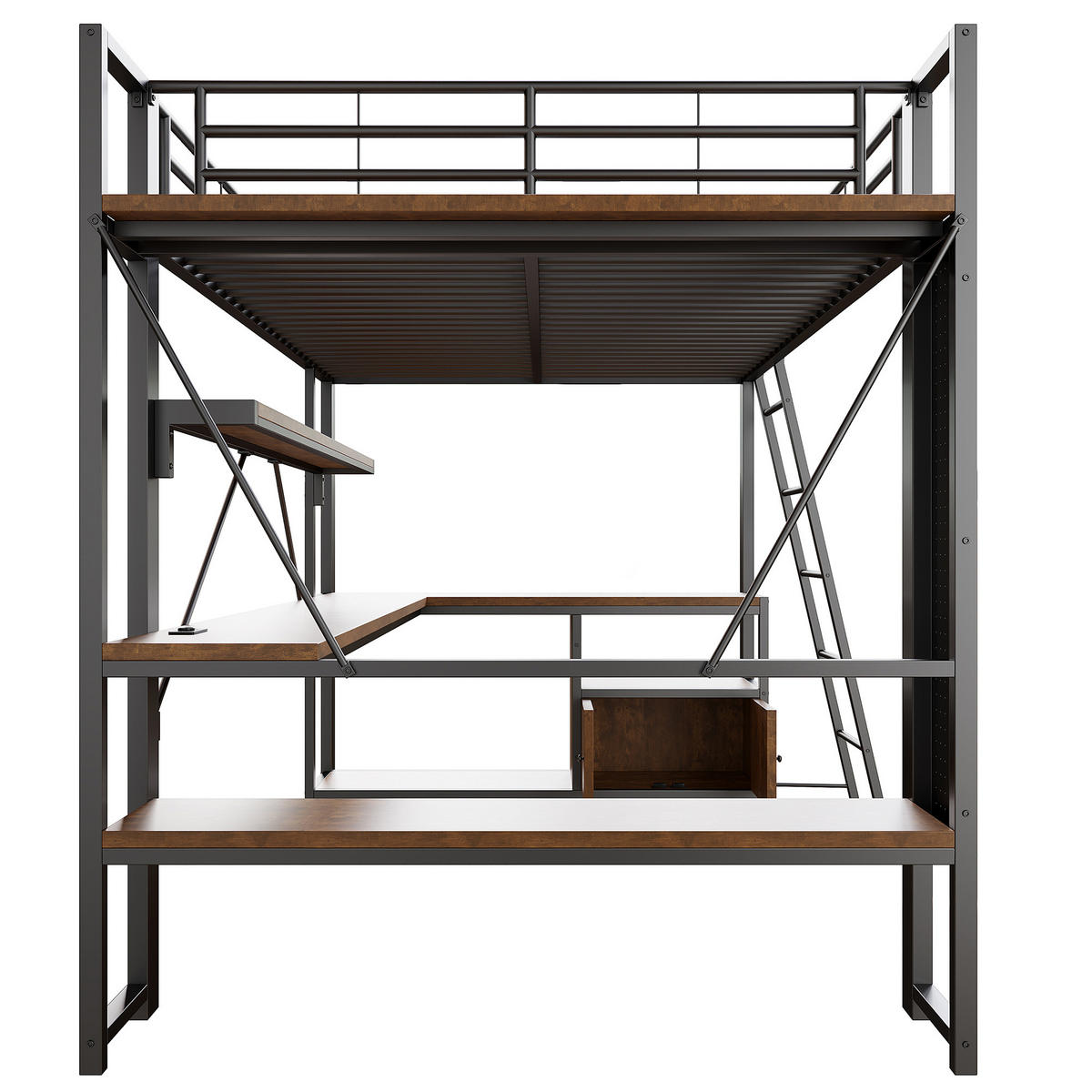 HOCHBETT 140/200 cm DE-04995, mit LED, Schreibtisch und Lochwand in Schwarz - Schwarz, Metall (140/200cm) - ComfortXL