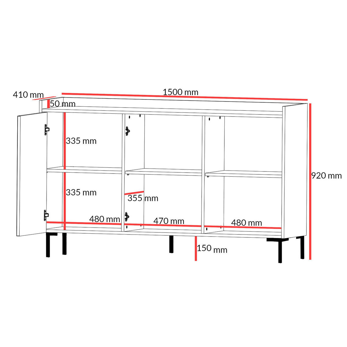 KOMMODE mit Klapptüren Liam 3D 150 Schwarz - Schwarz, Holzwerkstoff/Metall (150/92/41cm) - mzm24