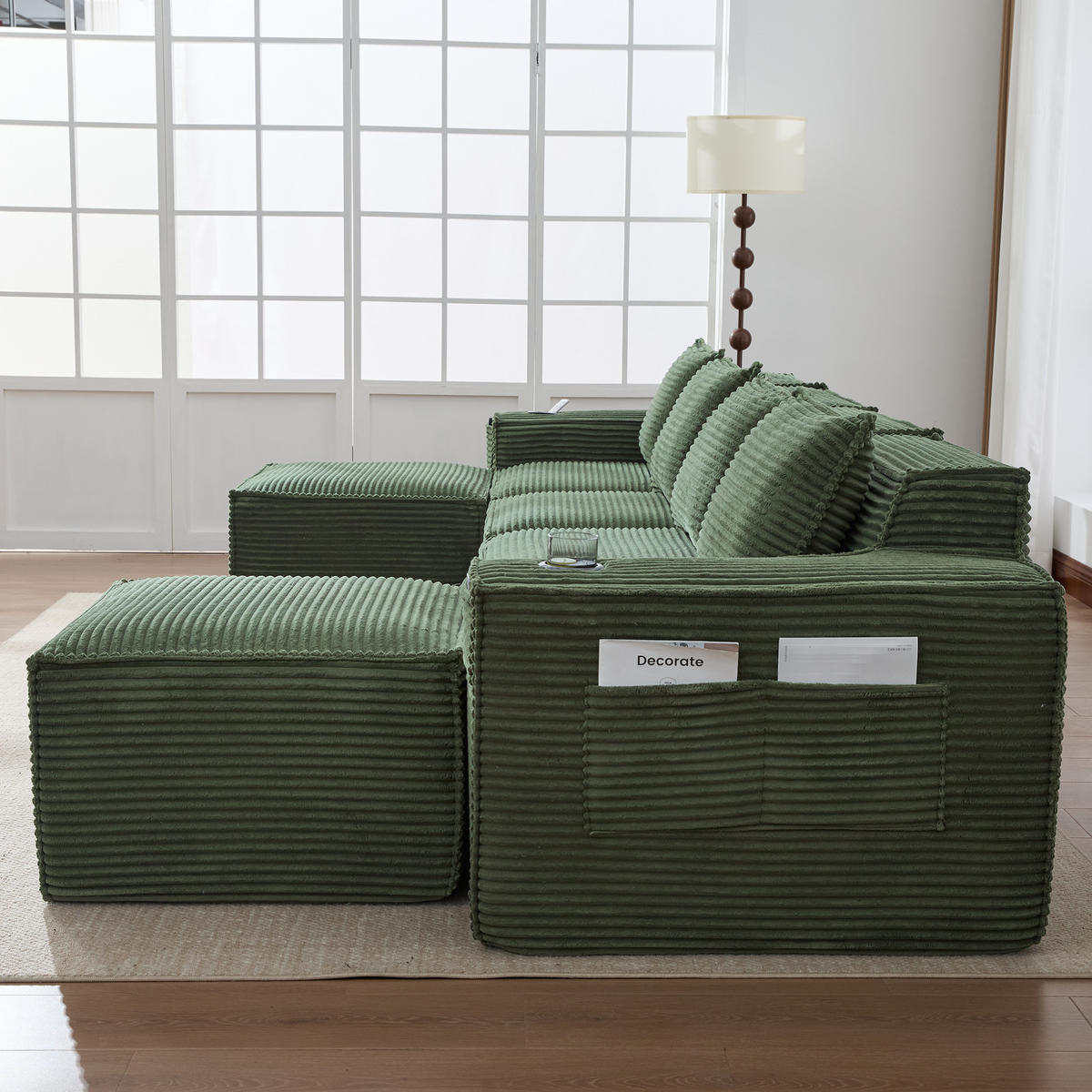 WOHNLANDSCHAFT 330/162/75 cm Grün mit 2 Fußhocker, Getränkehalter und Seitentaschen - Grün, Textil (330/75/162cm) - Oxeza
