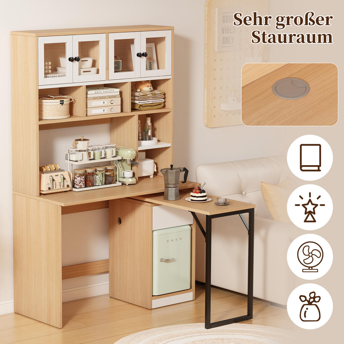 SCHRANKSCHREIBTISCH ARBEITSTISCH in Naturfarben Computertisch Schreibtisch mit Regal Schrank, Stauraum ,B110/T55/H180cm - Transparent/Naturfarben, Holzwerkstoff (55/110/180cm) - STILVORA