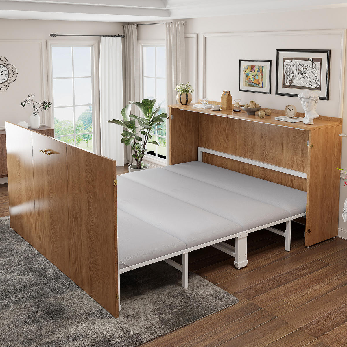 KLAPPBETT 140/200 cm in Holz mit Leinenmatratze und Rollen - Nussbaumfarben, Holzwerkstoff/Textil (140/200cm) - WISHDOR