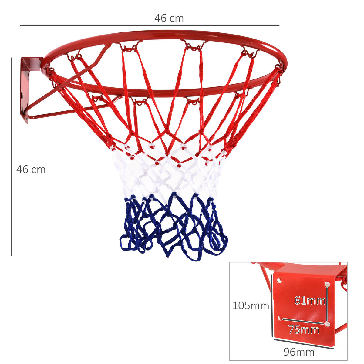 BASKETBALLNETZ, Stahlrohr, Rot / Blau / Weiß, ø46 x H1,6 cm - Rot, Metall (1.6/45cm) - HOMCOM