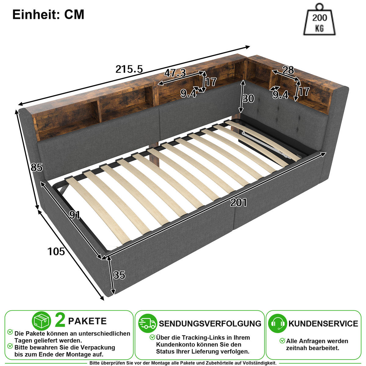 SCHLAFSOFA 90/200 cm in Grau Leinen mit Stauraum, LED und USB - Grau, Holzwerkstoff/Textil (90/200cm) - CHICFURN