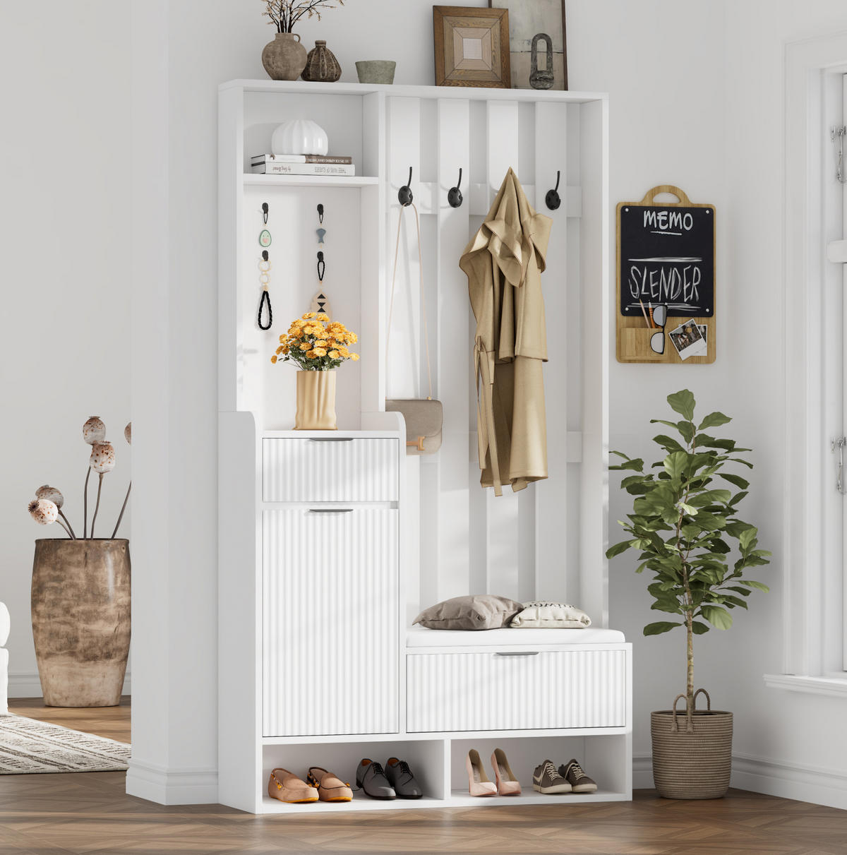 DIELENGARDEROBE 100/30/180 cm mit 8 Haken, Sitzbank und Schuhablage in Weiß - Weiß, Holzwerkstoff (100/180/30cm) - BEAOK