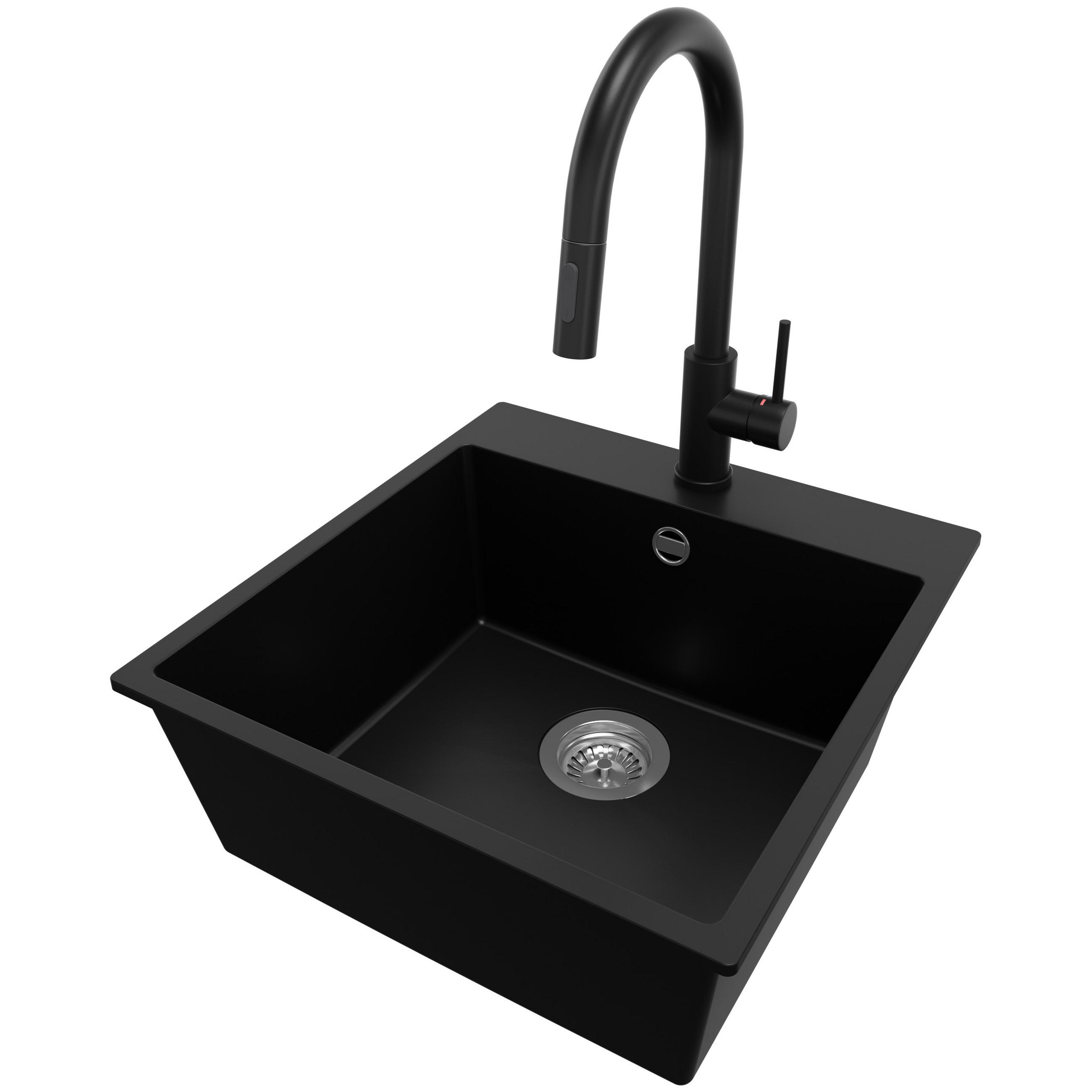 GRANITSPÜLE Riga, 2-er set Schwarz 48/50 cm 1 Becken + Küchenarmatur 40/20 cm + Ablauf-Set ab 50er Unterschrank - Chromfarben/Schwarz, Kunststoff (48/20/50cm) - Primagran