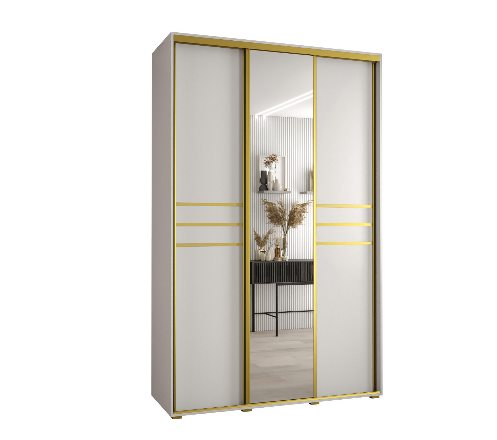 Abiks Möbel Schwebetürenschrank Weiß, Weiß, Gold 160x235x45 cm