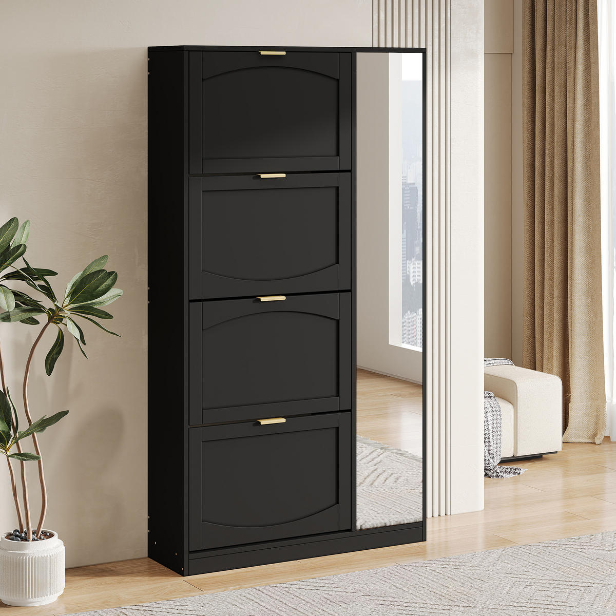 SCHUHSCHRANK 80/24/147 cm mit Spiegeltüren, 4 Klappenfächern und verstellbaren Einlegeböden, Schwarz - Schwarz, Holzwerkstoff (80/147/24cm) - Redom