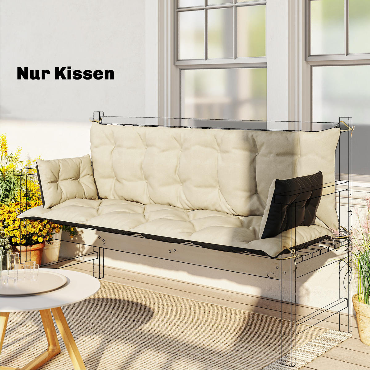 BANKAUFLAGE 3 Sitzer 180x 110x 8 cm - Beige, Kunststoff (110/8/180cm) - Outsunny