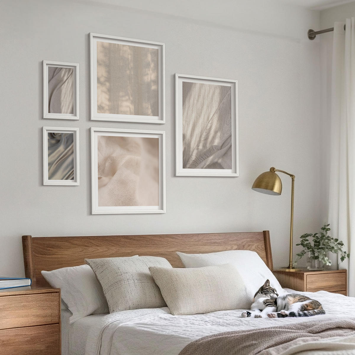 WANDBILDER 5er-Set - 50x50 cm & 20x30 cm & 40x60 cm Weißer Rahmen - Nahaufnahme von natürlichen Boho-Stoffen - Weiß, Kunststoff (40/60cm) - ArtPrintCave