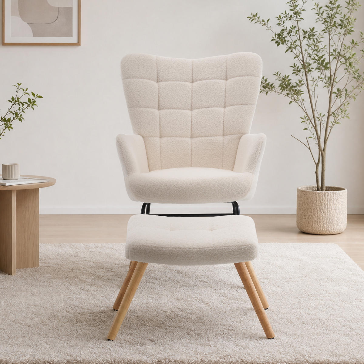 SCHAUKELSTUHL 91/61/88 cm mit hoher Rückenlehne und Fußhocker, Beige - Beige, Textil (88/91/68cm) - Redom