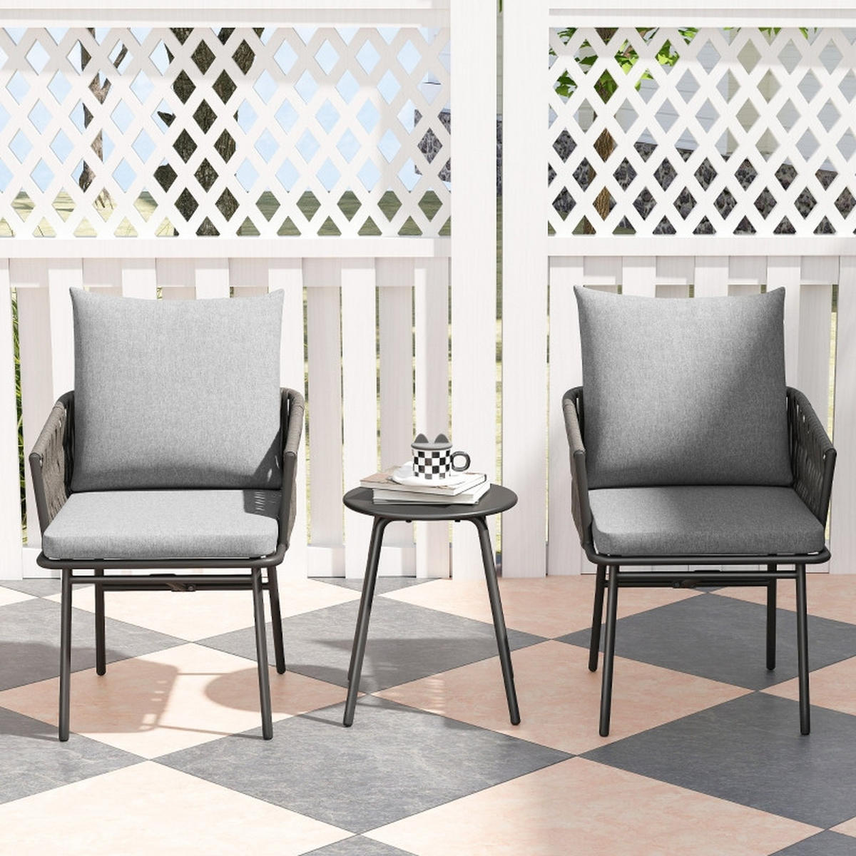 RATTAN BISTROSET 3-tlg. Grau mit 2 Gartensesseln & Couchtisch abnehmbare Kissen - Grau, Metall - ComfortXL