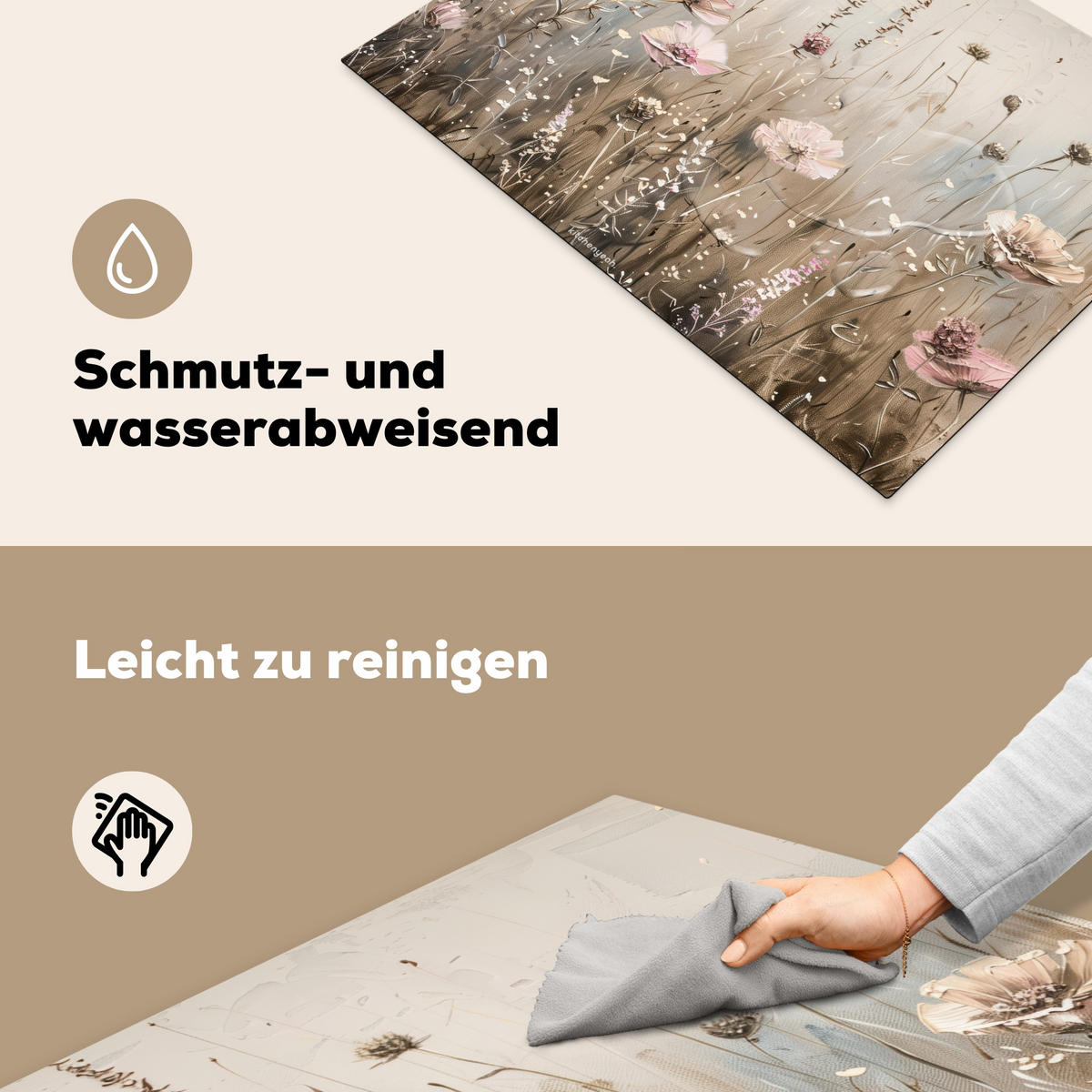 HERDABDECKPLATTE Blumen - Beige - Trockenblumen 75x52 cm - Beige, Kunststoff (75/52/0.2cm) - MuchoWow