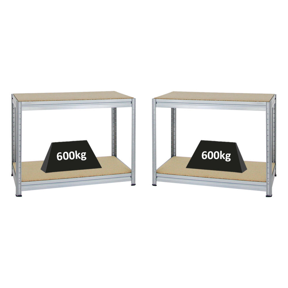 WERKBANK Dino 2er-Set mit 2x höhenverstellbar 90x120x60 cm Traglast 600 kg Verzinkt - Silberfarben, Metall (240/90/60cm) - PROREGAL