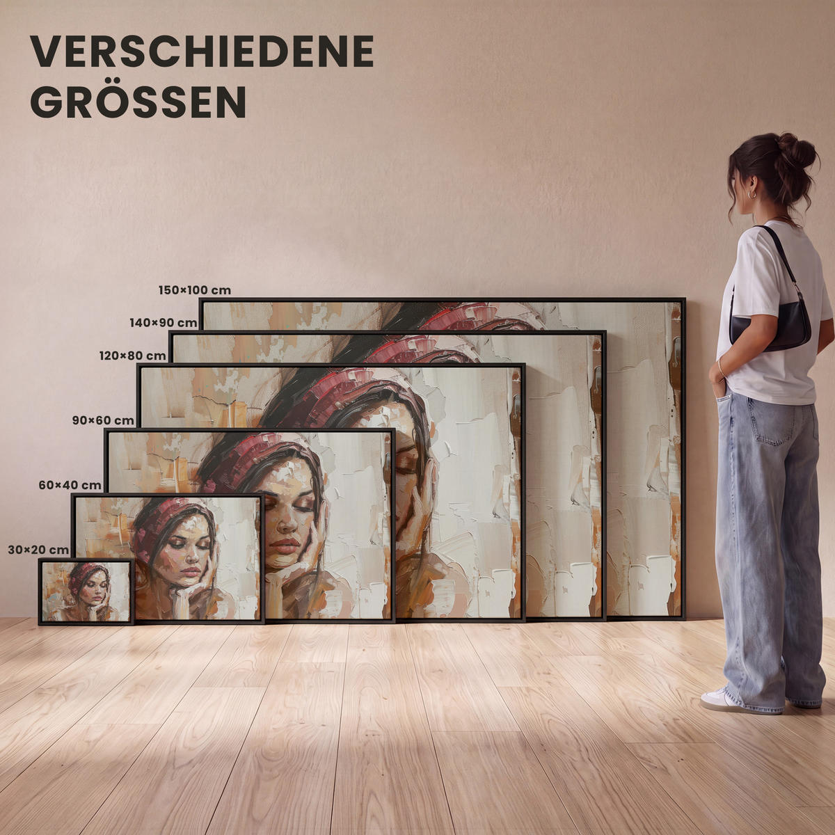 LEINWAND Bilder mit Rahmen - Frau - Lackierung - Porträt - Modern - 120x80 - Altrosa, Textil (120/80cm) - MuchoWow