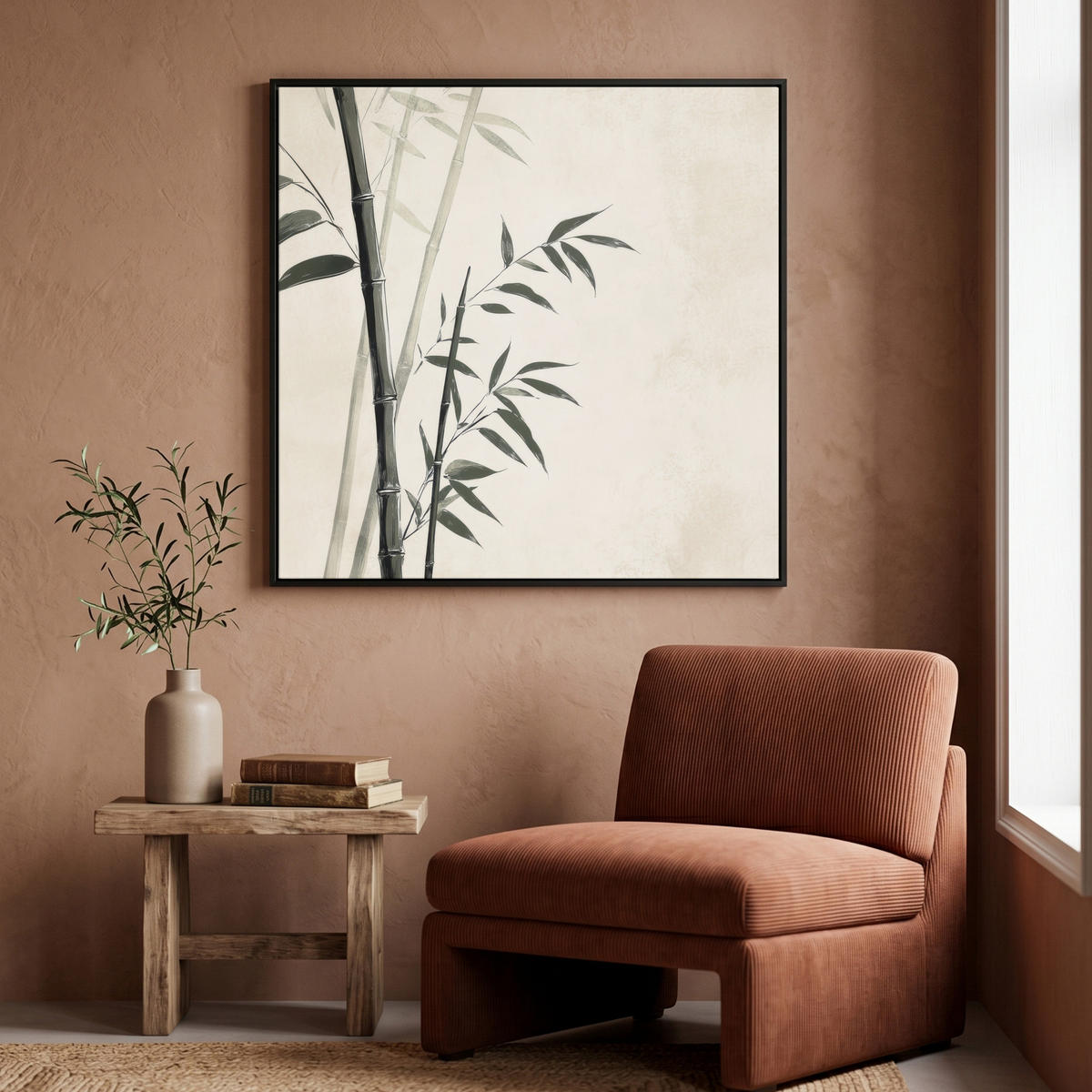LEINWAND Bilder mit Rahmen - Japandi - Bambus - Beige - 90x90 - Eukalyptusholzfarben, Textil (90/90cm) - MuchoWow