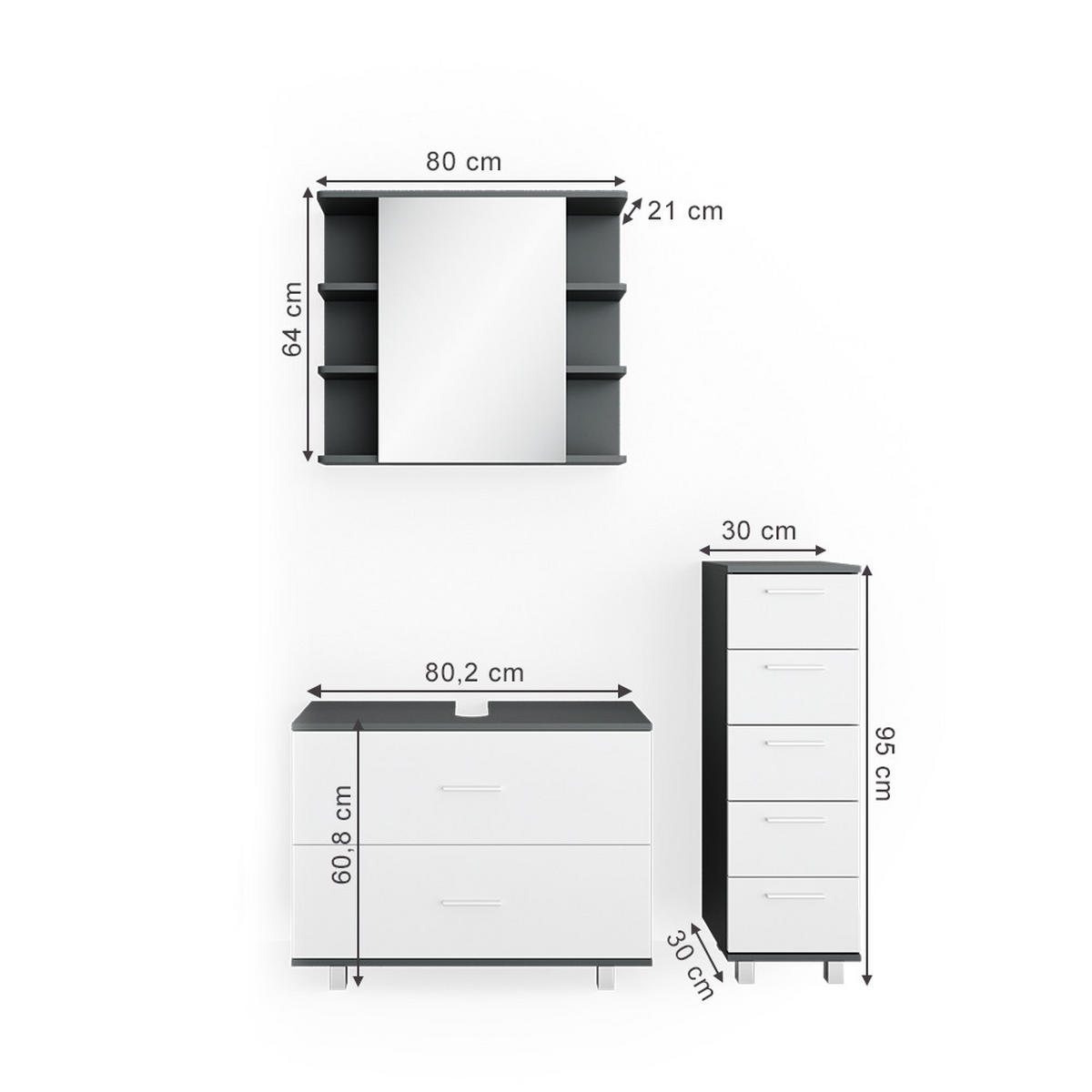 BADMÖBEL-SET Ilias Weiß/Anthrazit 3 Teile, mit Unterschrank 80 cm - Anthrazit/Weiß, Holzwerkstoff (80/60/33cm) - Vicco