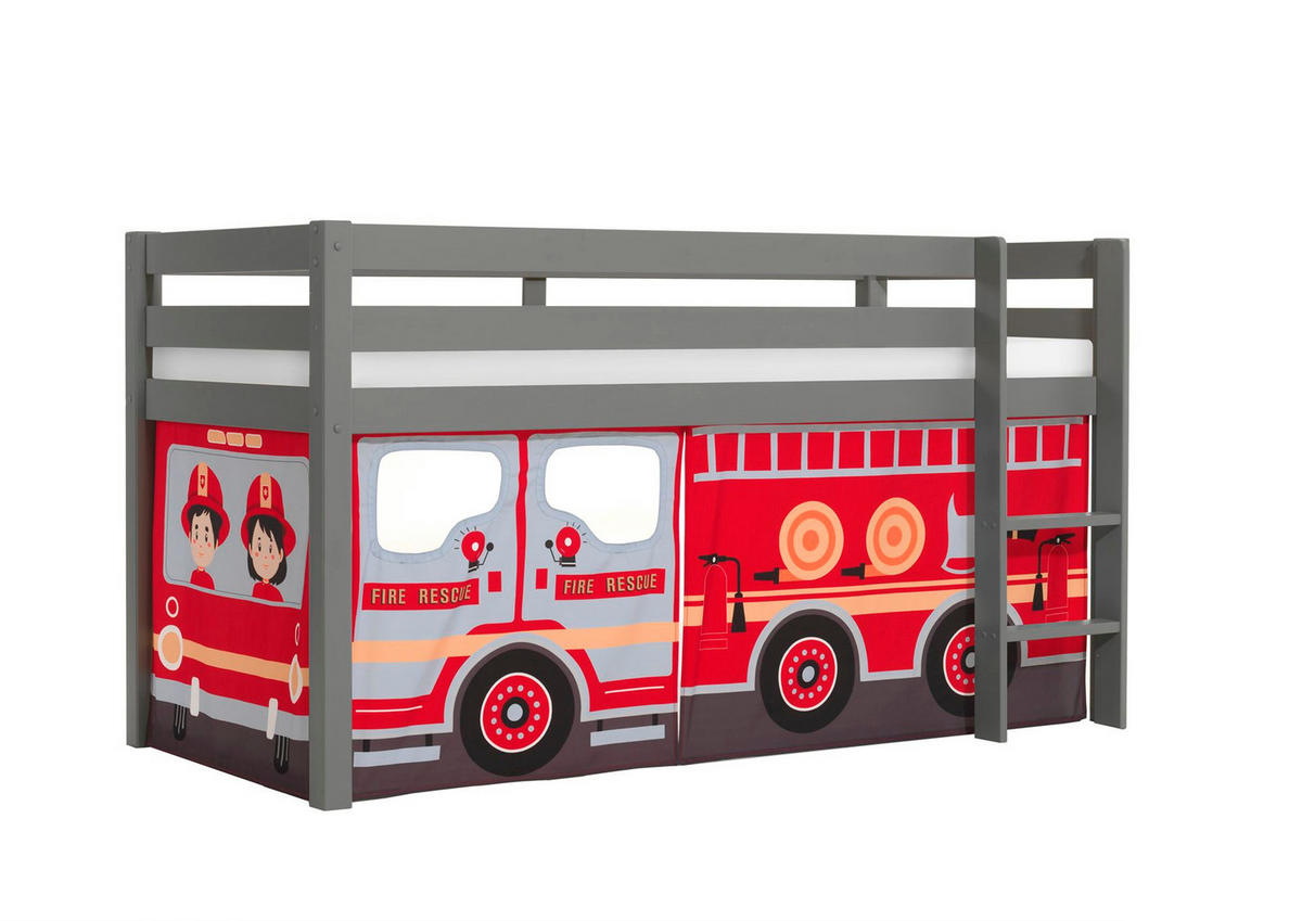 KINDERBETT Karolina 210x114x106 Massivholz Grau Textilset Feuerwehr - Grau/Dunkelrot, Holz (90/200cm) - 58aufmkessel