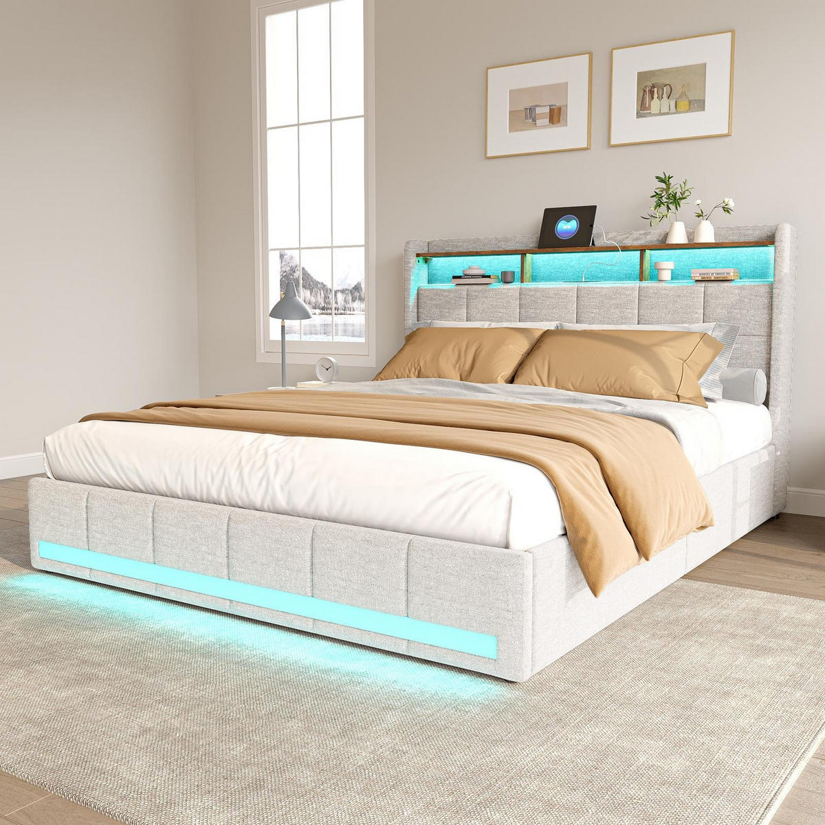 POLSTERBETT 180/200cm, mit 4 Schubladen, LED, USB-Anschluss, aus Leinen, beige - Beige, Holzwerkstoff (180/200cm) - Brevoria