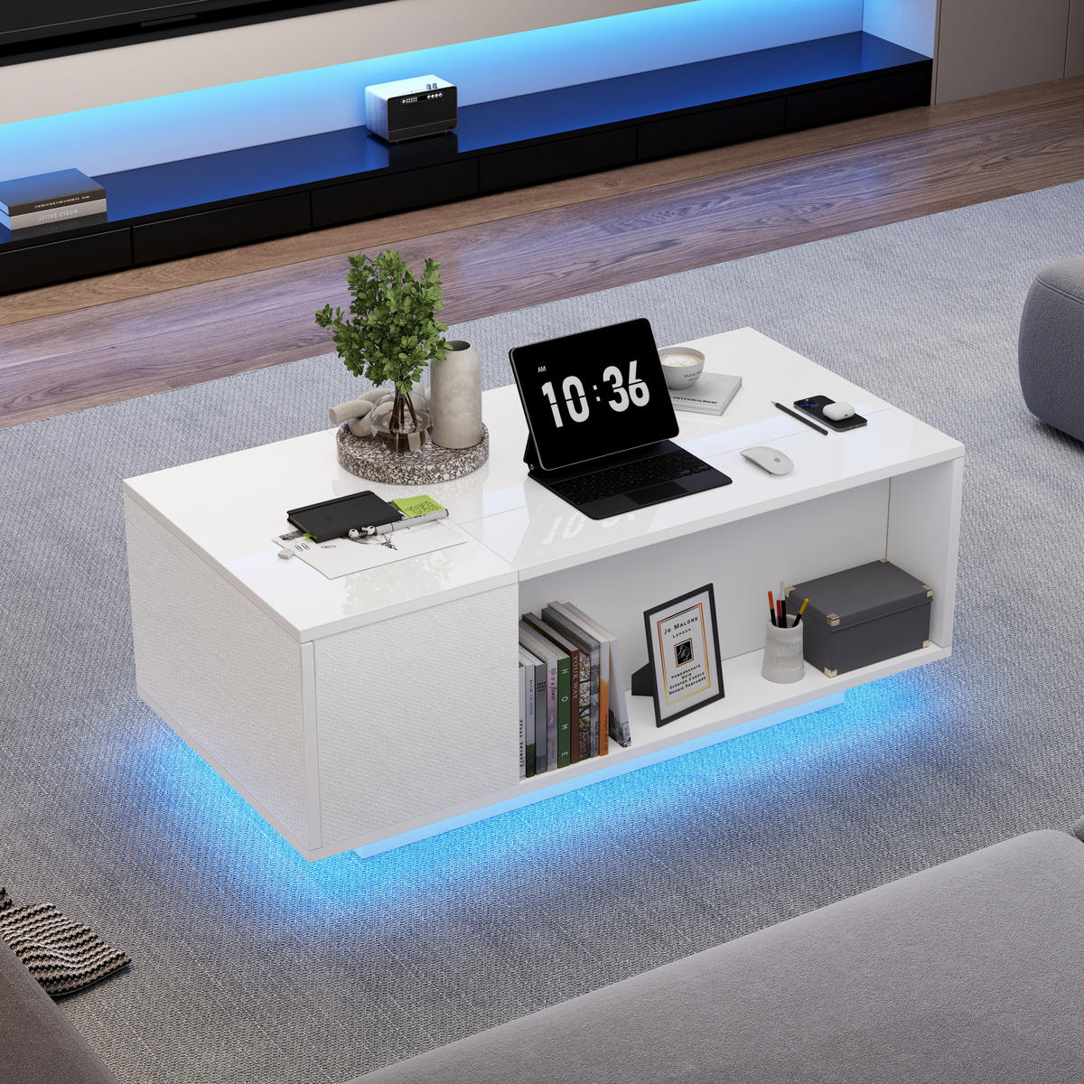 KLUB stolić 100/50/40 cm bijeli od iverice s podiznom pločom i LED rasvjetom - bijela, drvni materijal (100/50/40cm) - OKWISH