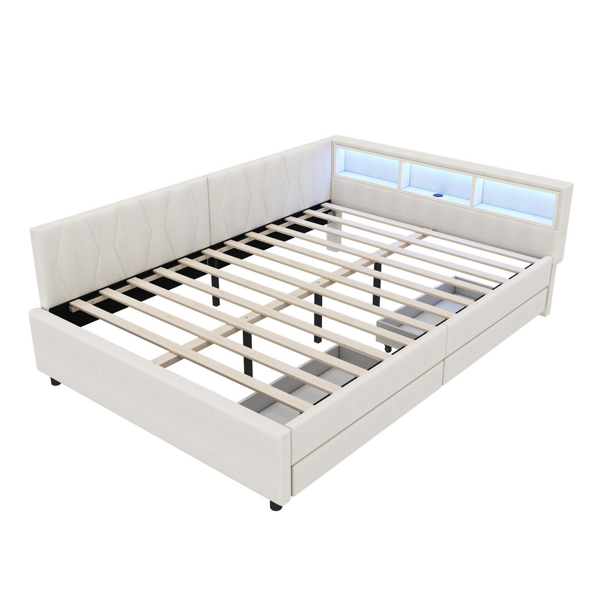 TAGESBETT 140/200 cm aus Leinen mit LED-Lichtleiste, USB-C und Schubladen Beige - Beige, Textil (140/200cm) - Modenvie