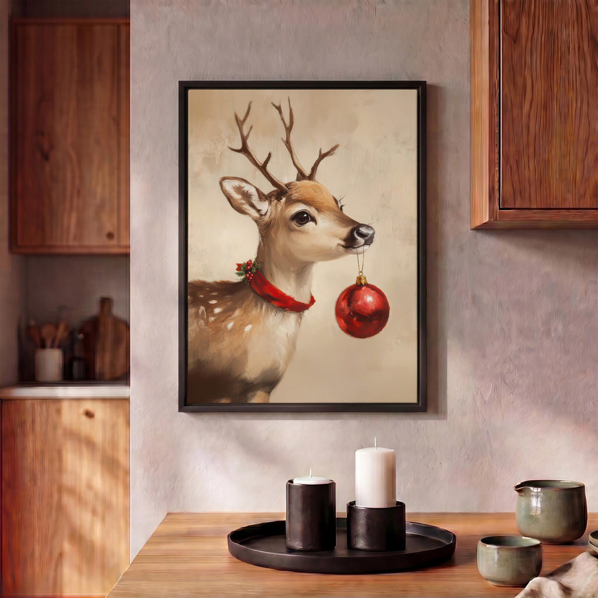 LEINWAND Bilder mit Rahmen - Weihnachten - Hirsch - Geweih - Weihnachtskugel - Rentier - 30x40 - Hellbraun, Textil (30/40cm) - MuchoWow