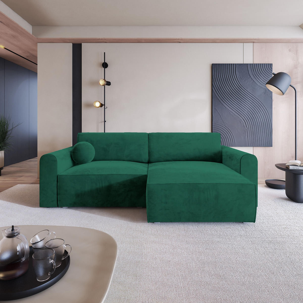 ECKSOFA FIANO M Grün Velours-Stoff mit Schlaffunktion - Grau/Grün, Holz/Kunststoff (245/148cm) - MASSENO